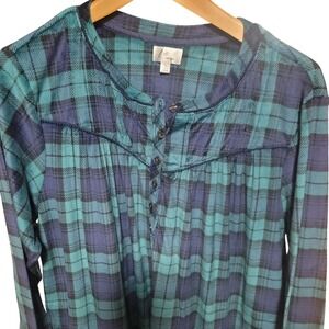 Aria‎ Collection Women's Plaid Sleepshirt Tunic L Blue Green Long Sleeve Button
